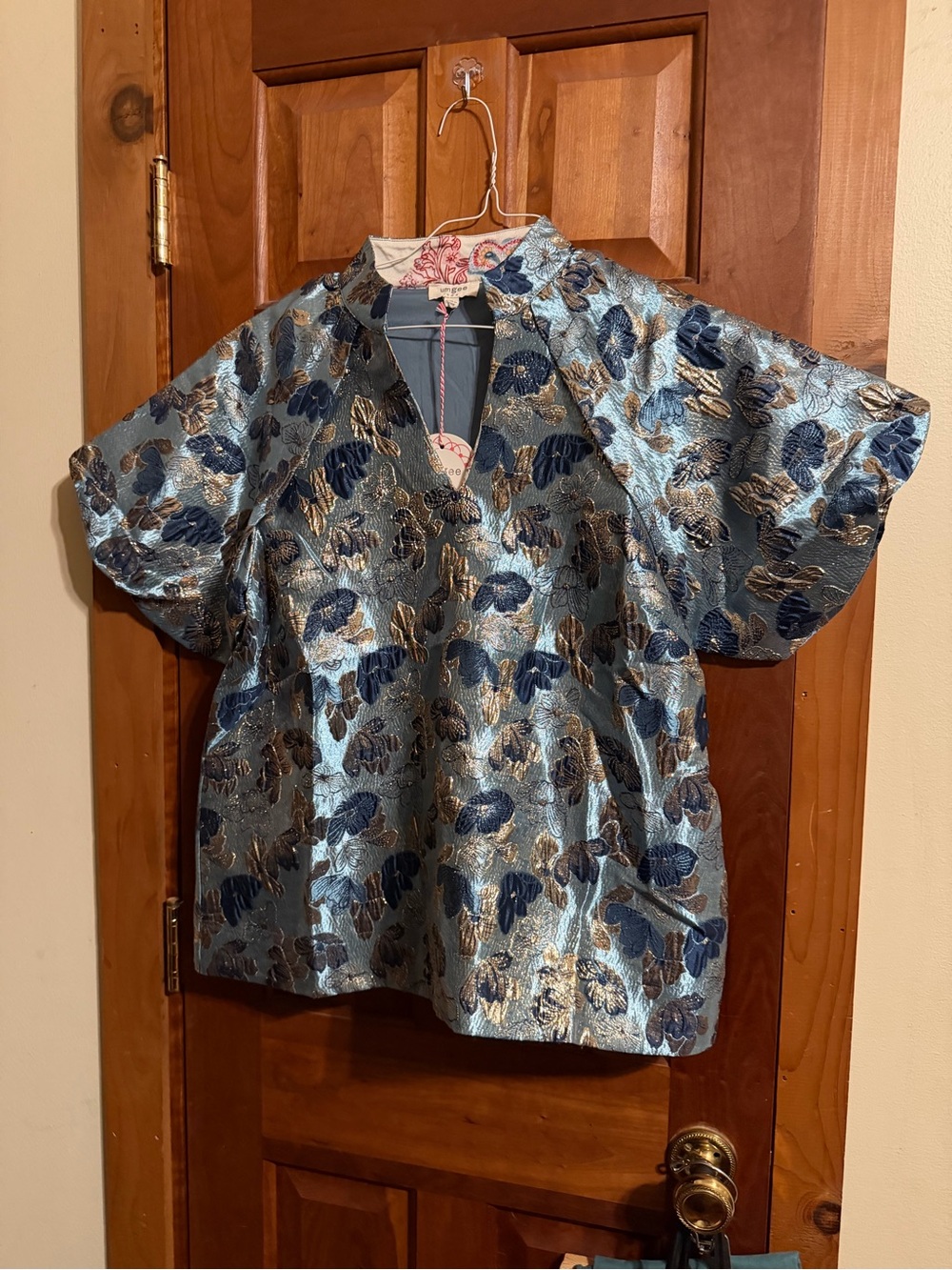 Umgee Metallic Blue Floral Brocade Top